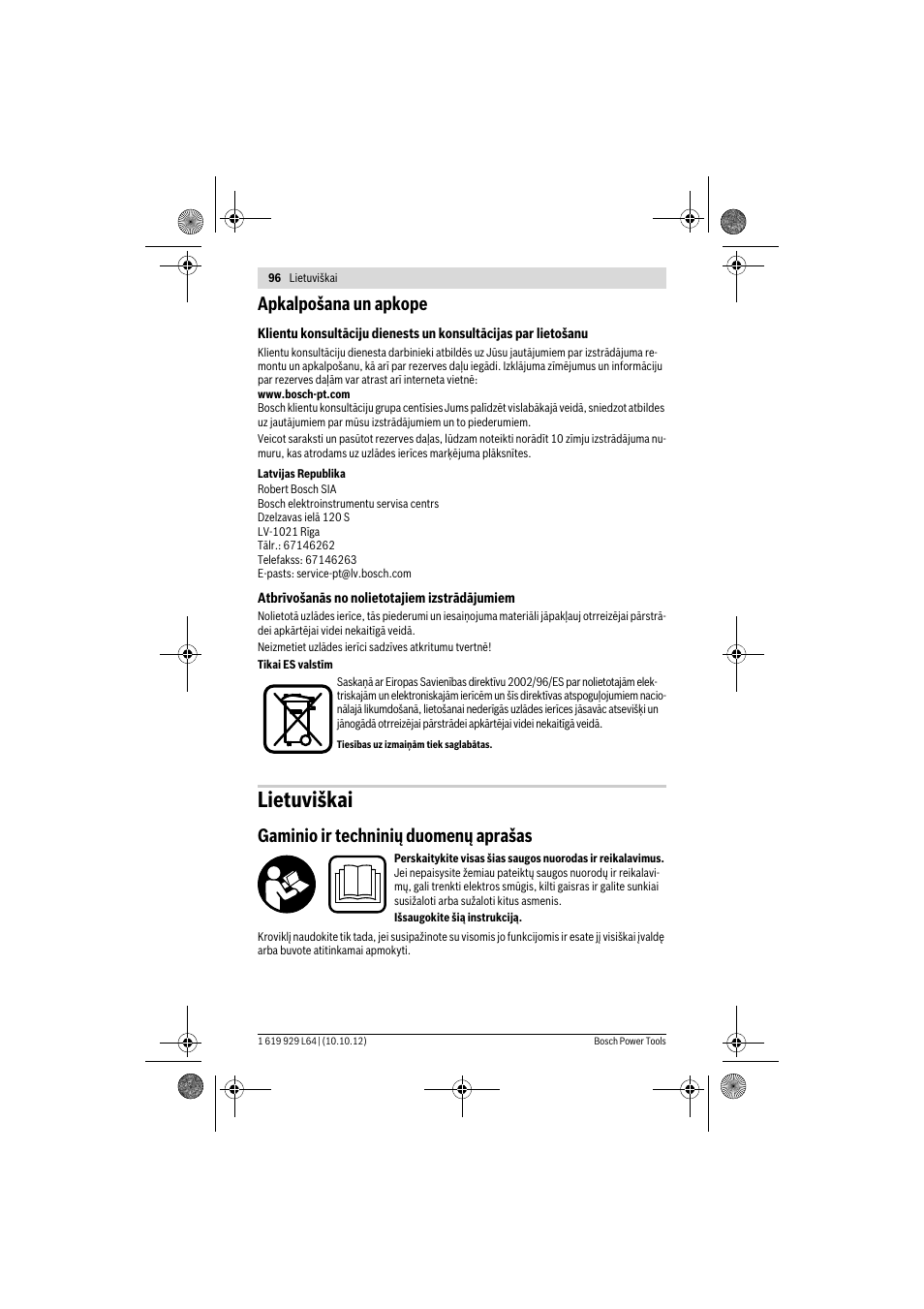 Lietuviškai, Apkalpošana un apkope, Gaminio ir techninių duomenų aprašas | Bosch AL 1115 CV User Manual | Page 96 / 108