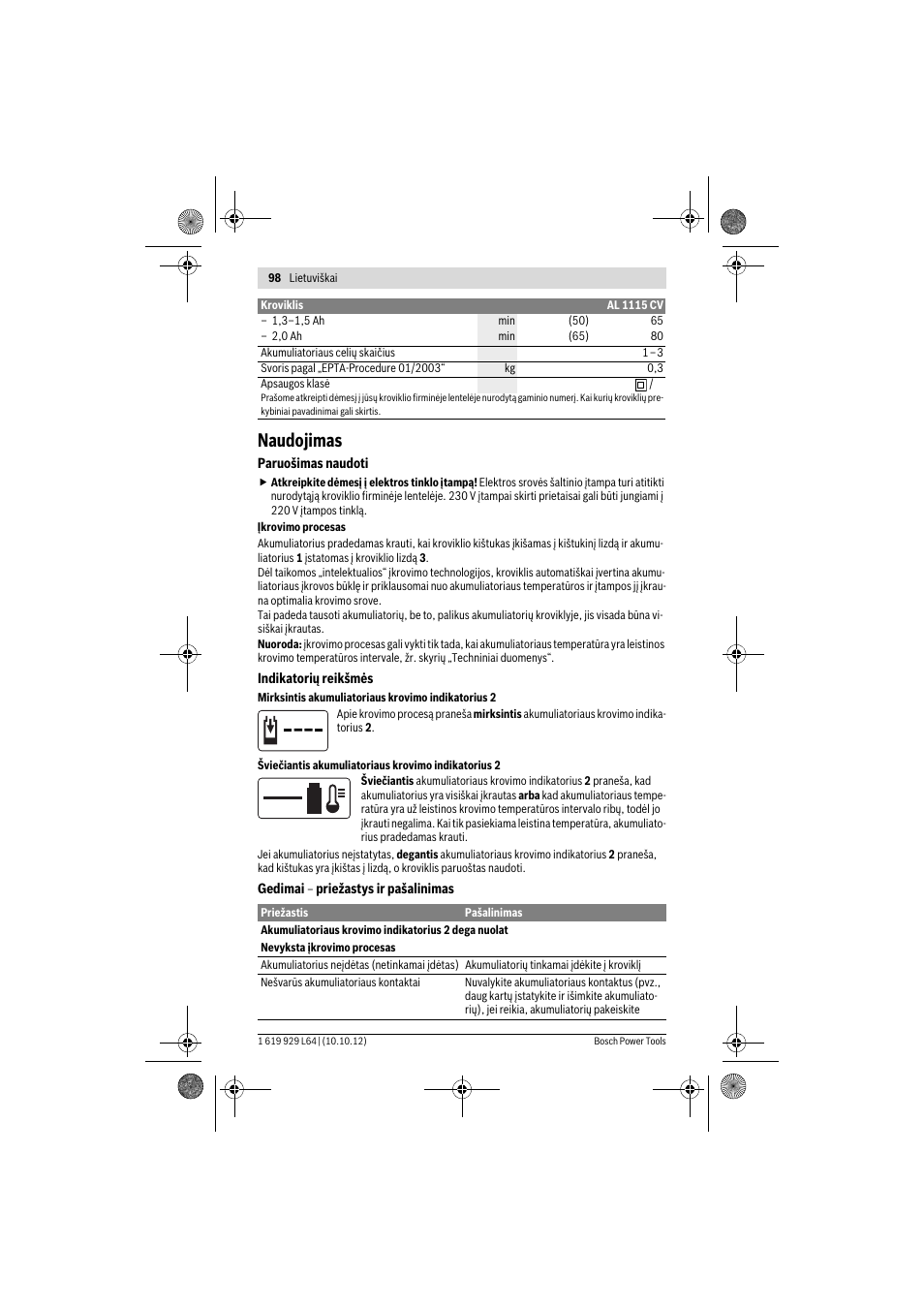 Naudojimas | Bosch AL 1115 CV User Manual | Page 98 / 108