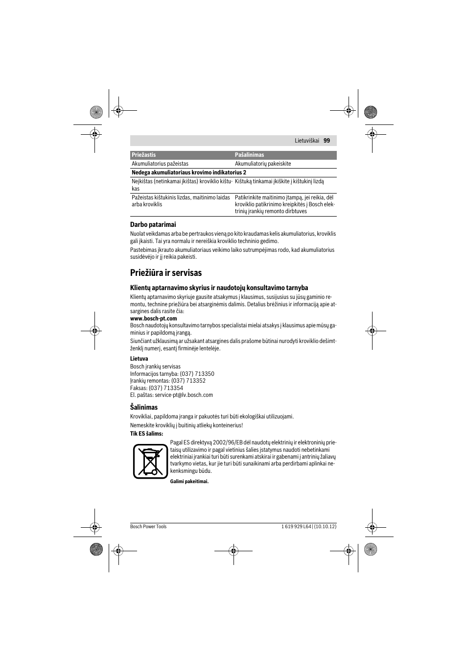 Priežiūra ir servisas | Bosch AL 1115 CV User Manual | Page 99 / 108