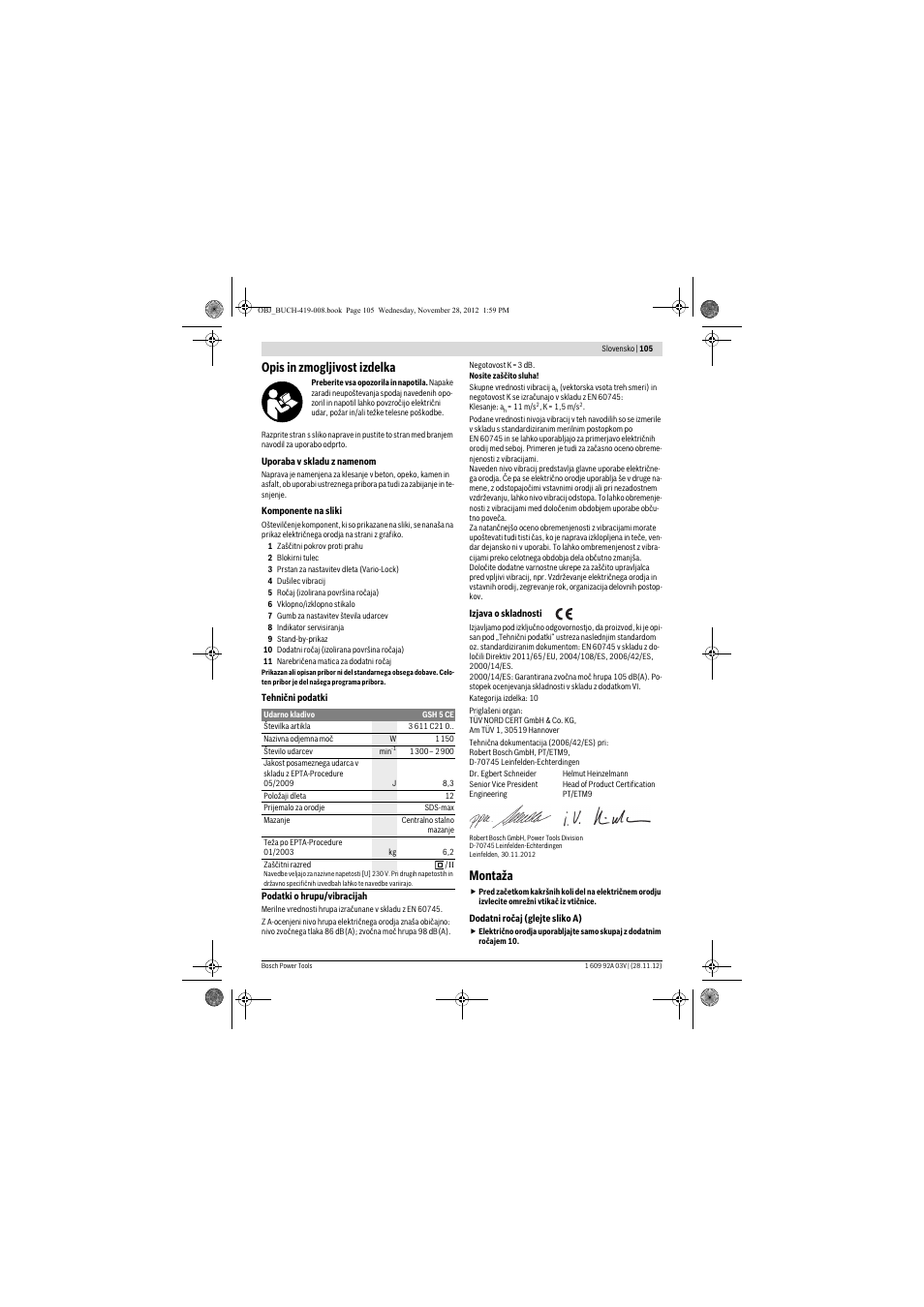 Opis in zmogljivost izdelka, Montaža | Bosch GSH 5 CE Professional User Manual | Page 105 / 136