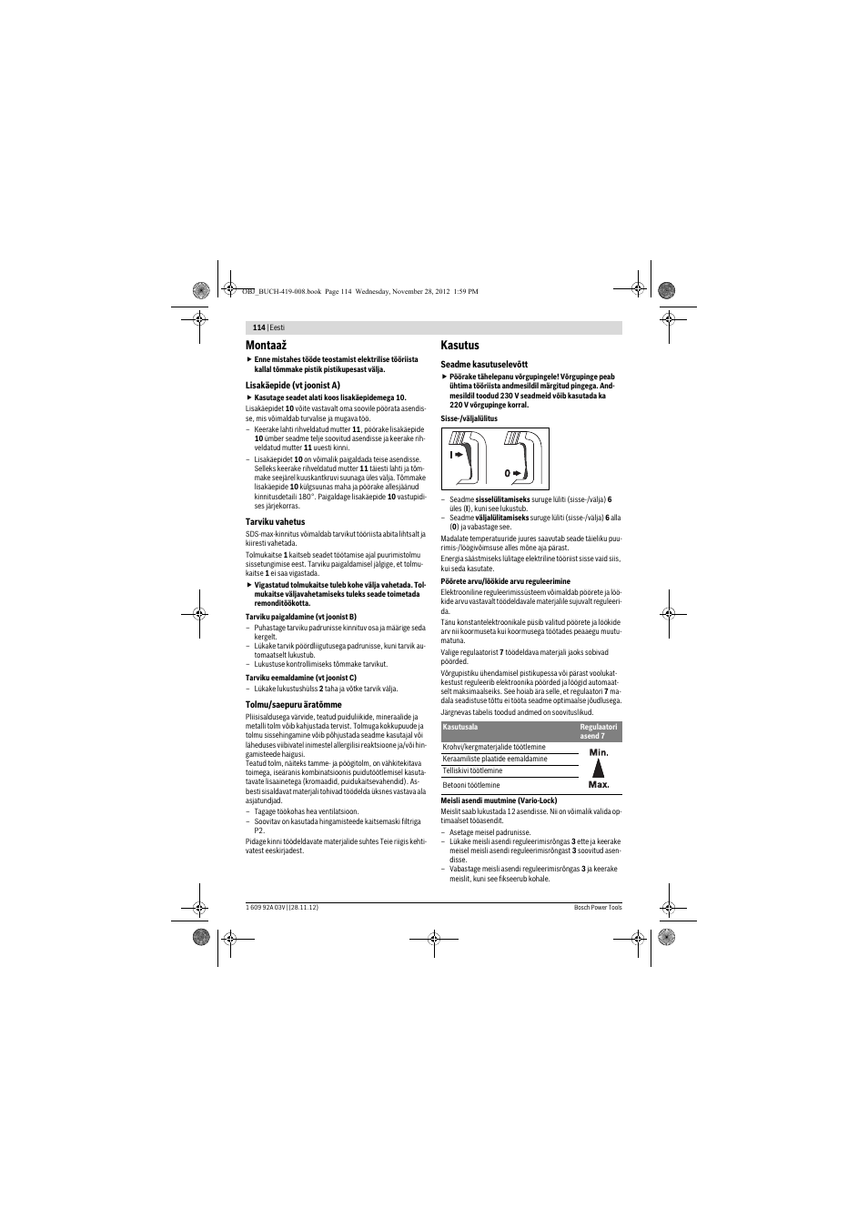 Montaaž, Kasutus | Bosch GSH 5 CE Professional User Manual | Page 114 / 136