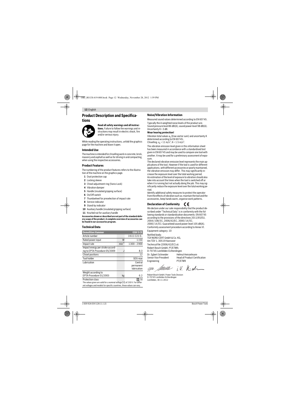 Product description and specifica- tions | Bosch GSH 5 CE Professional User Manual | Page 12 / 136