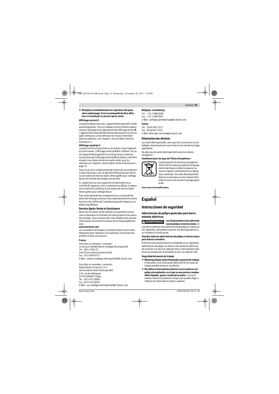 Español, Instrucciones de seguridad | Bosch GSH 5 CE Professional User Manual | Page 19 / 136