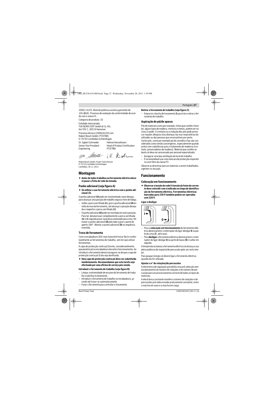 Montagem, Funcionamento | Bosch GSH 5 CE Professional User Manual | Page 27 / 136