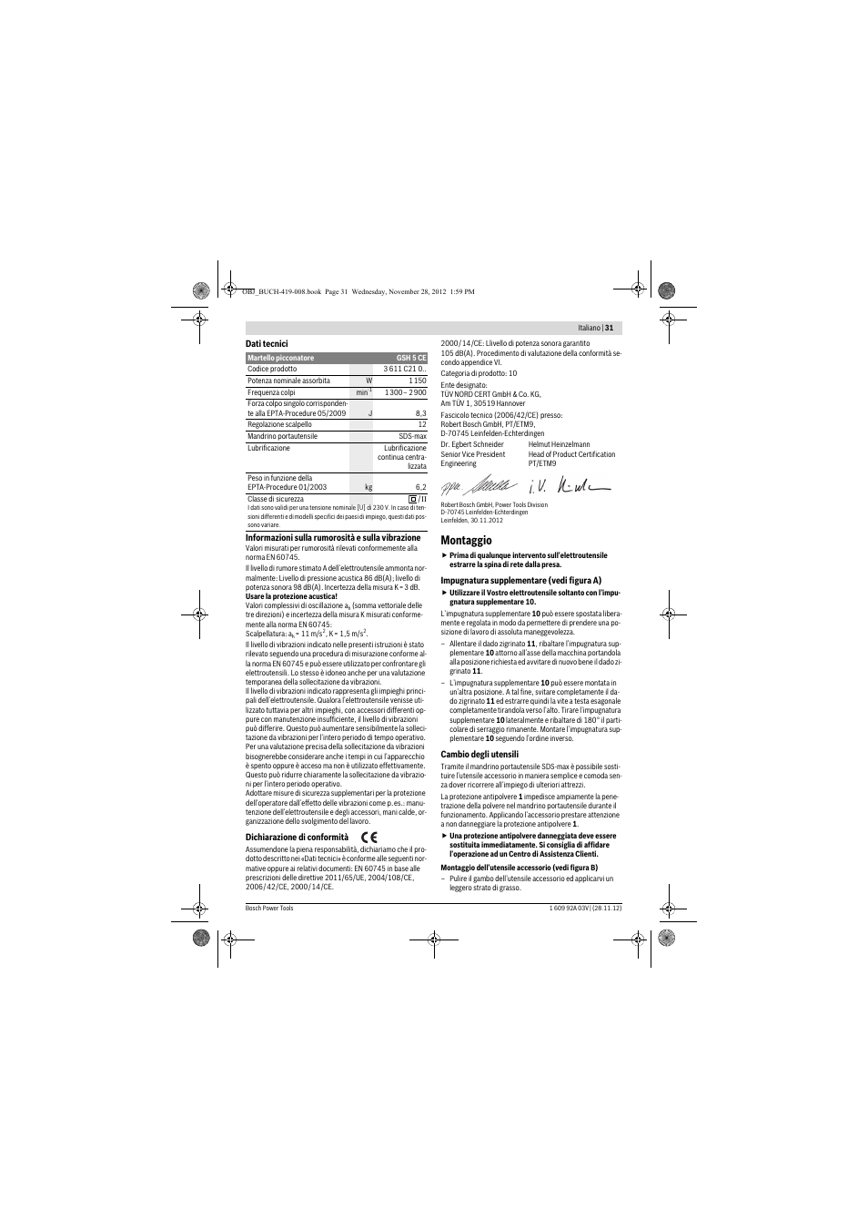 Montaggio | Bosch GSH 5 CE Professional User Manual | Page 31 / 136