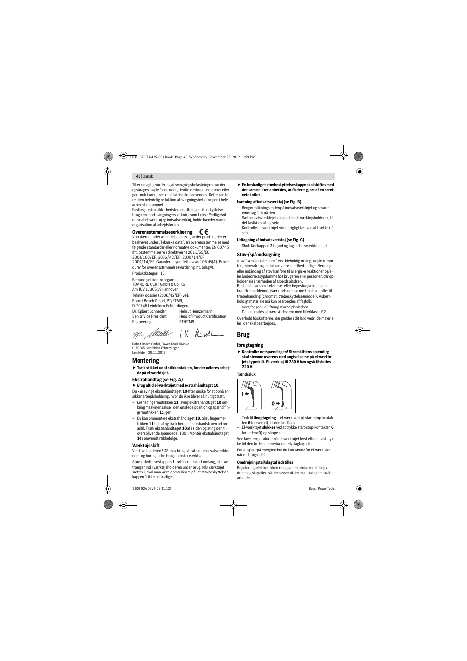 Montering, Brug | Bosch GSH 5 CE Professional User Manual | Page 40 / 136