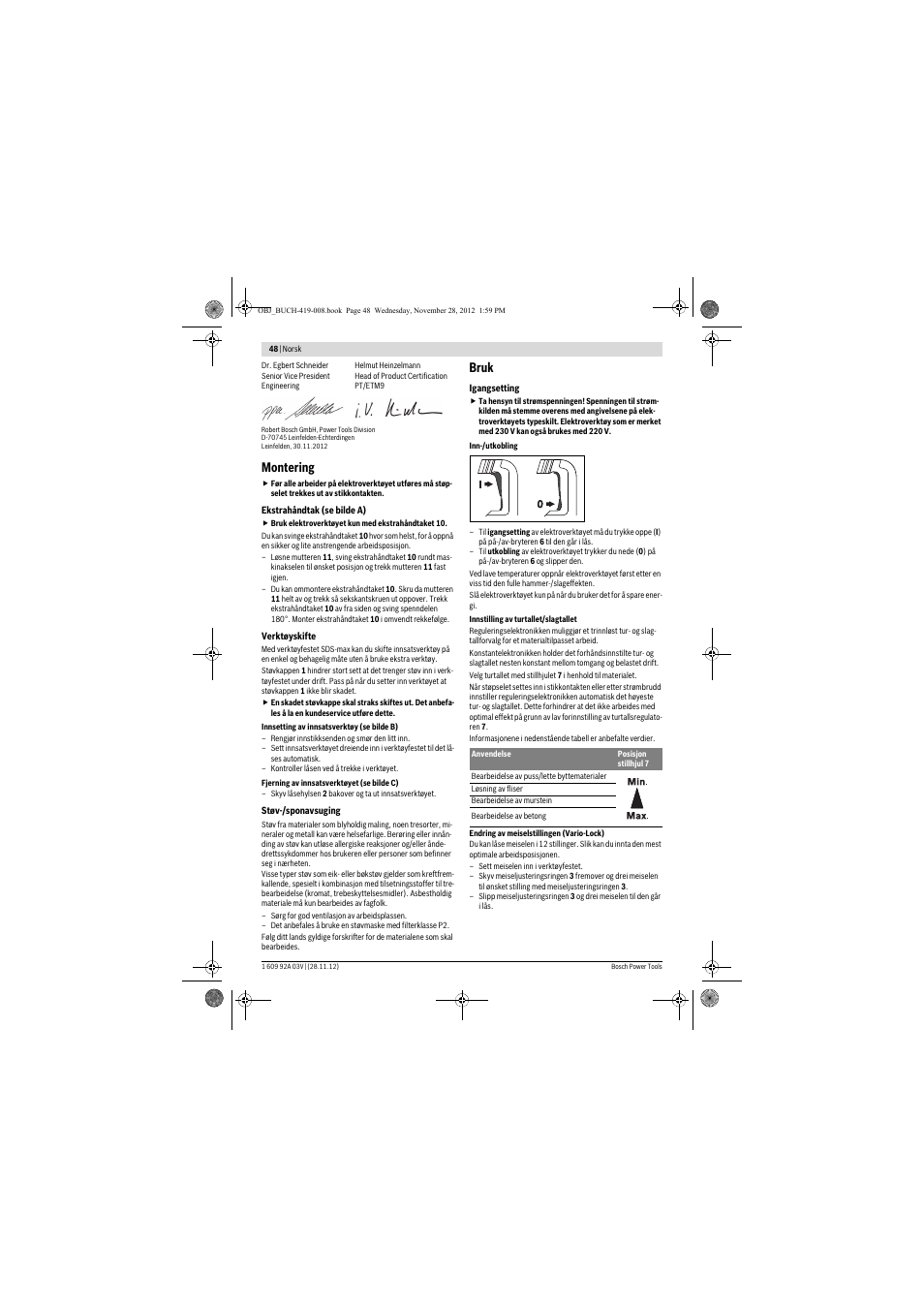 Montering, Bruk | Bosch GSH 5 CE Professional User Manual | Page 48 / 136