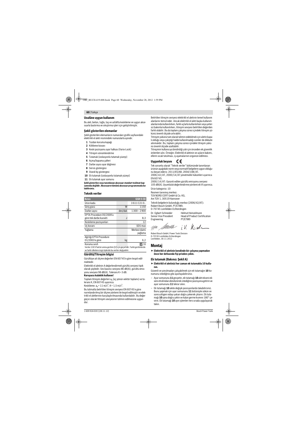 Montaj | Bosch GSH 5 CE Professional User Manual | Page 60 / 136