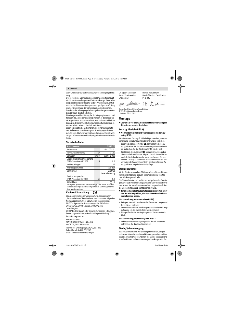 Montage | Bosch GSH 5 CE Professional User Manual | Page 8 / 136