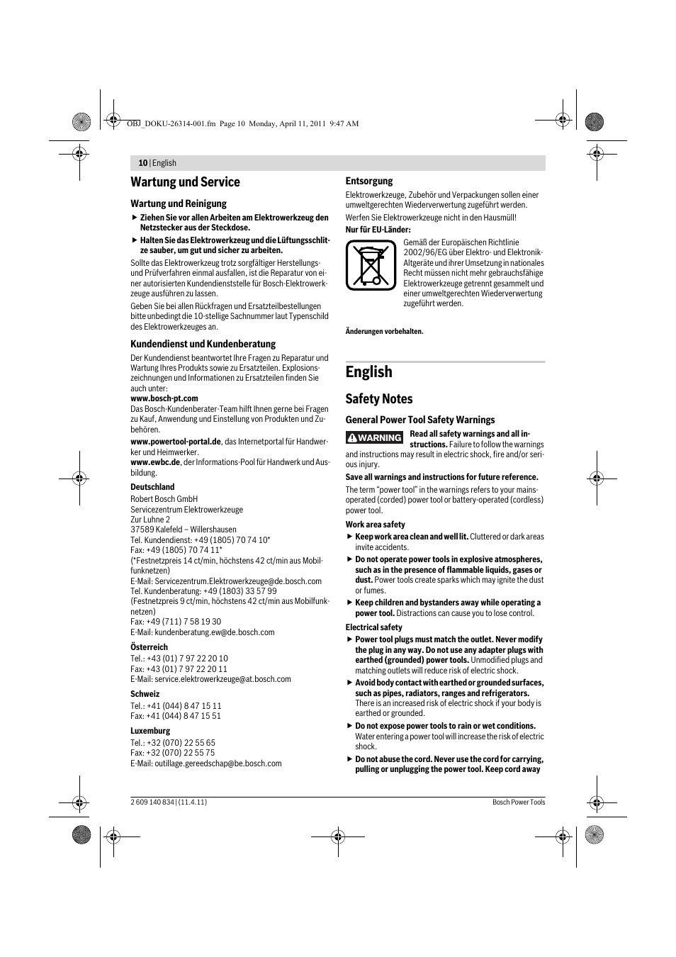 English, Wartung und service | Bosch GSS 140 A Professional User Manual | Page 10 / 132