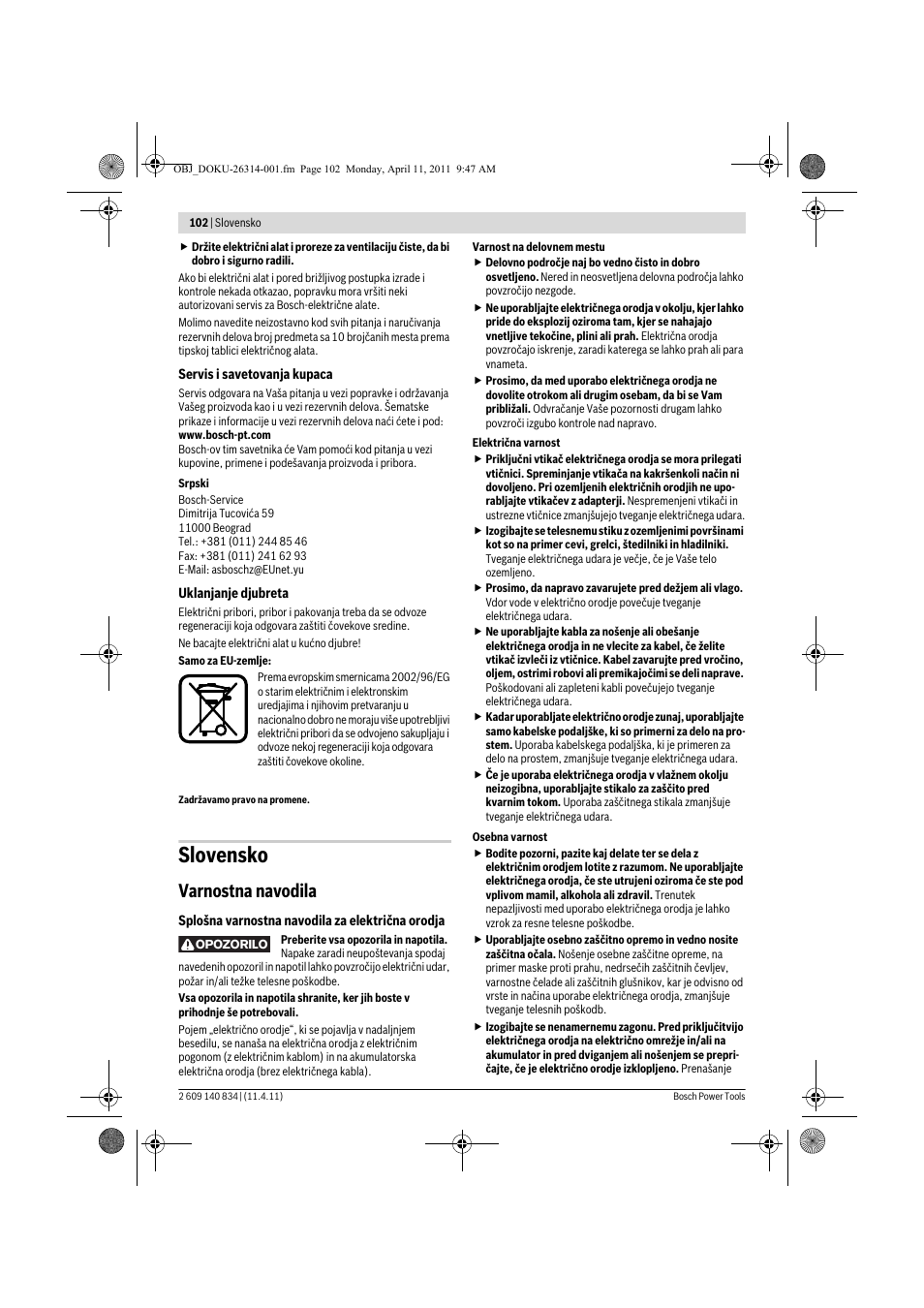 Slovensko, Varnostna navodila | Bosch GSS 140 A Professional User Manual | Page 102 / 132