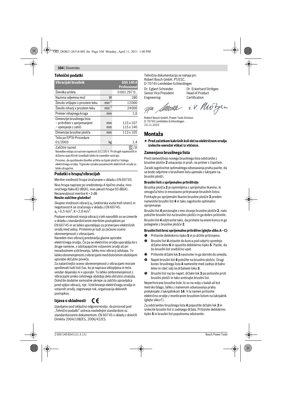 Montaža | Bosch GSS 140 A Professional User Manual | Page 104 / 132