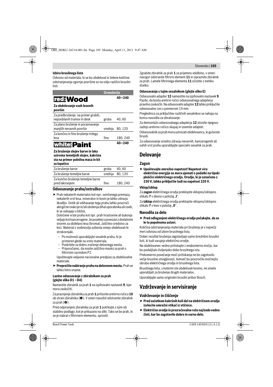 Delovanje, Vzdrževanje in servisiranje | Bosch GSS 140 A Professional User Manual | Page 105 / 132