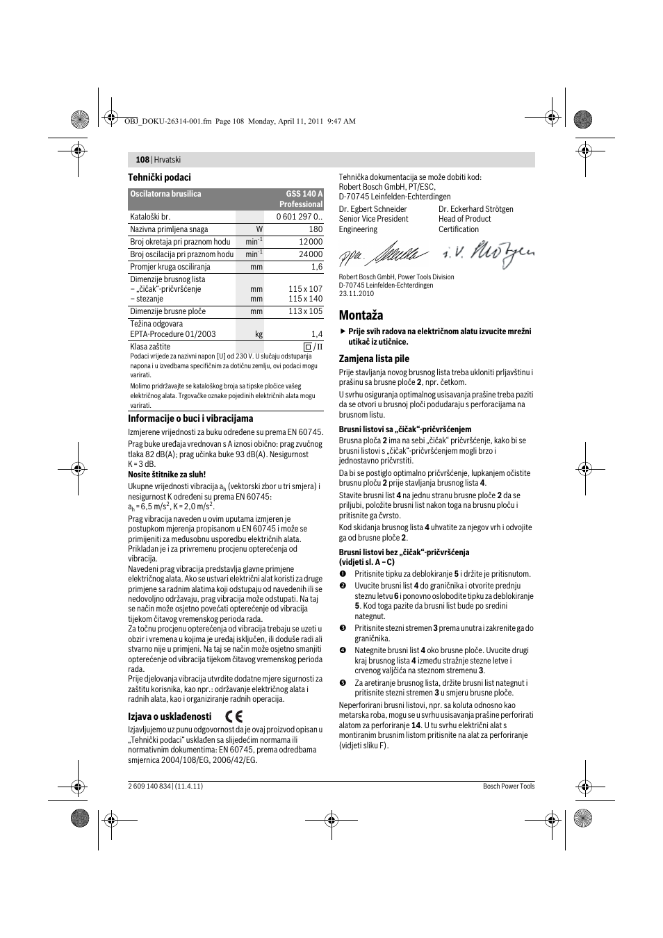 Montaža | Bosch GSS 140 A Professional User Manual | Page 108 / 132
