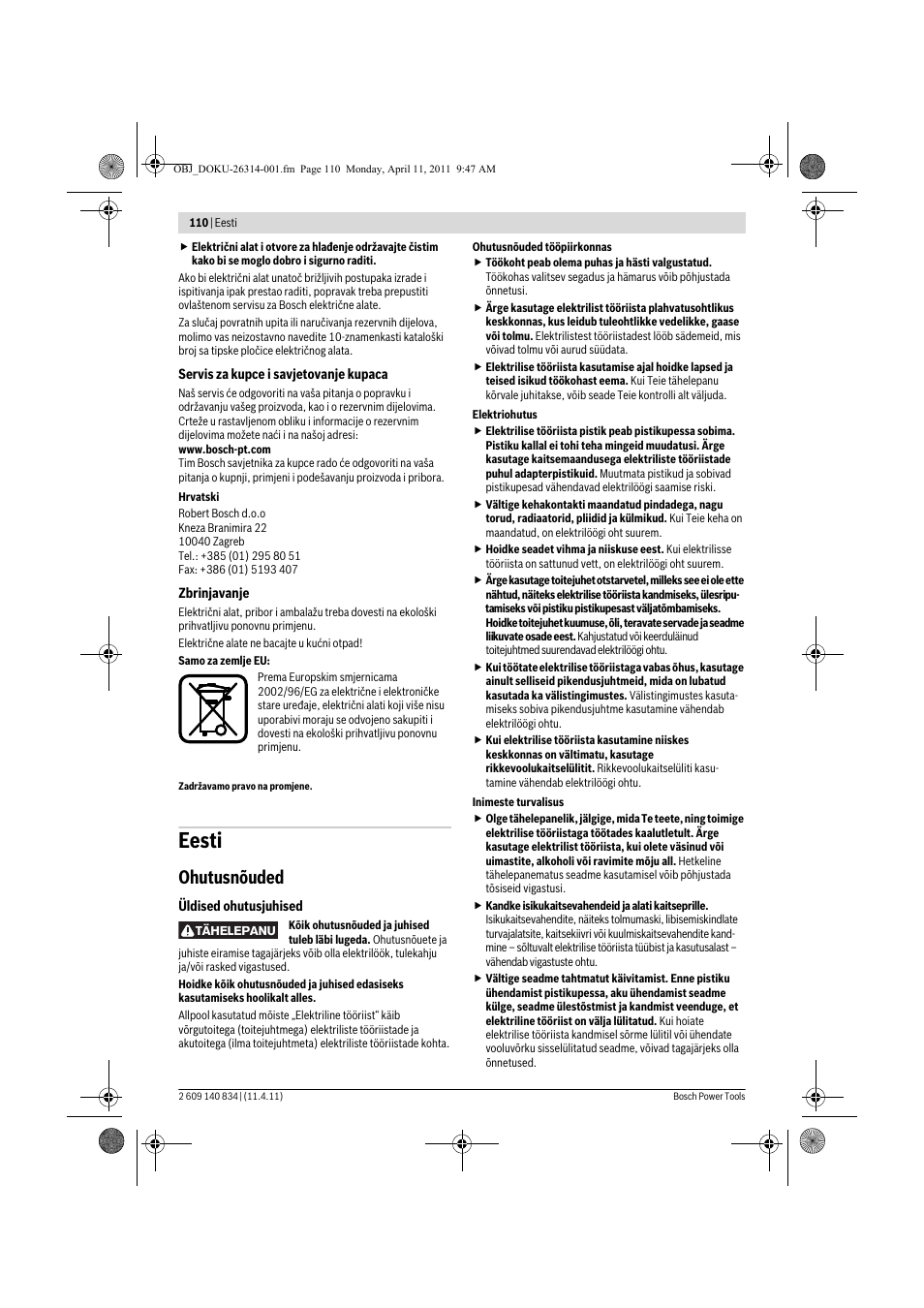Eesti, Ohutusnõuded | Bosch GSS 140 A Professional User Manual | Page 110 / 132