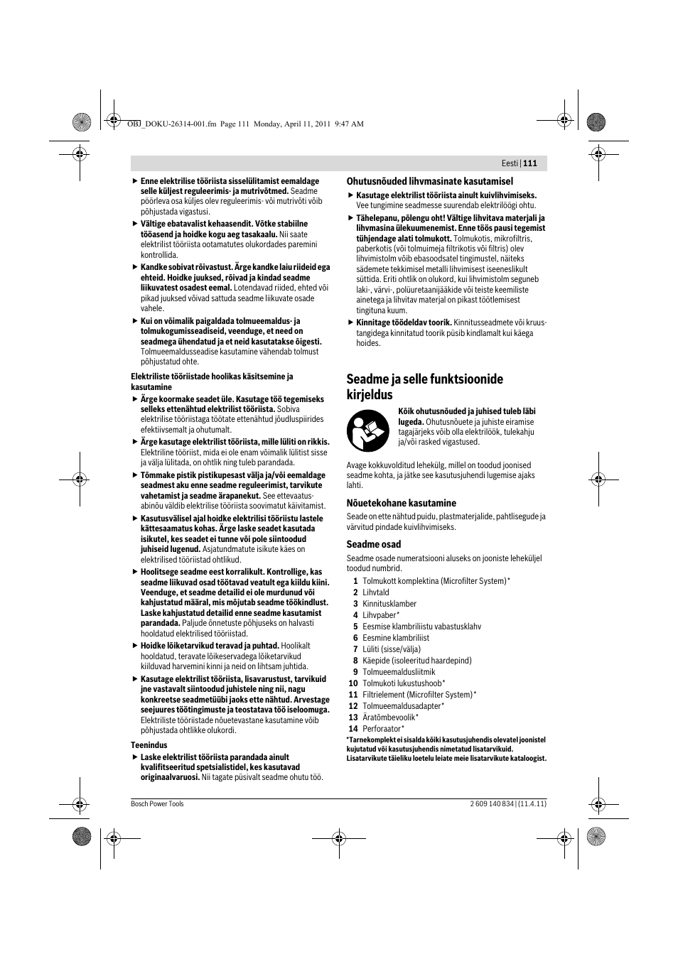 Seadme ja selle funktsioonide kirjeldus | Bosch GSS 140 A Professional User Manual | Page 111 / 132