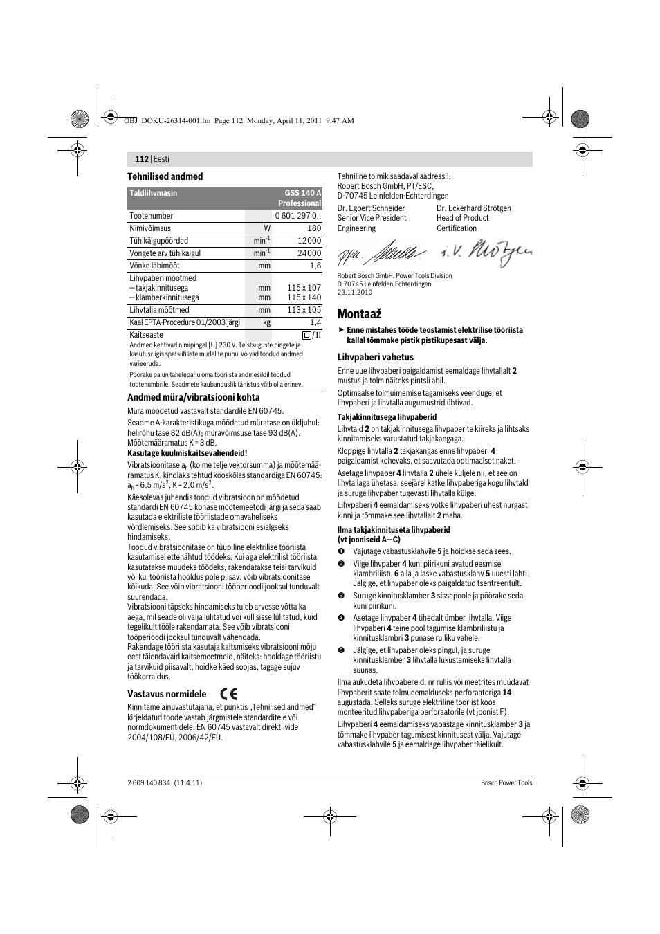 Montaaž | Bosch GSS 140 A Professional User Manual | Page 112 / 132