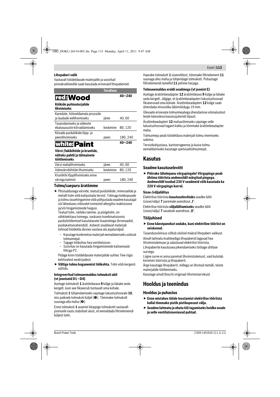 Kasutus, Hooldus ja teenindus | Bosch GSS 140 A Professional User Manual | Page 113 / 132