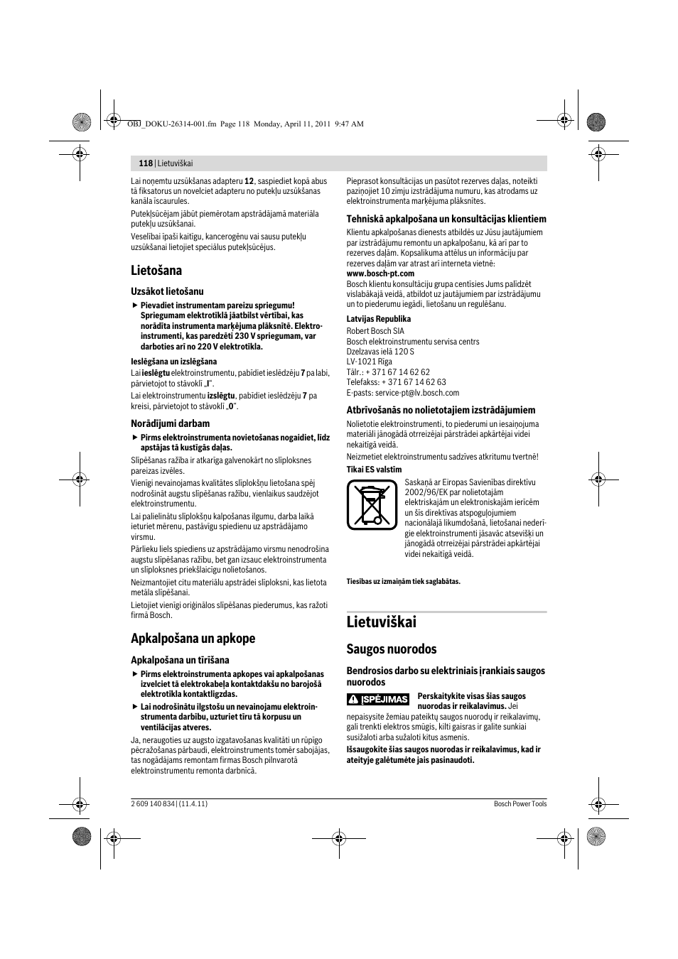 Lietuviškai, Lietošana, Apkalpošana un apkope | Saugos nuorodos | Bosch GSS 140 A Professional User Manual | Page 118 / 132