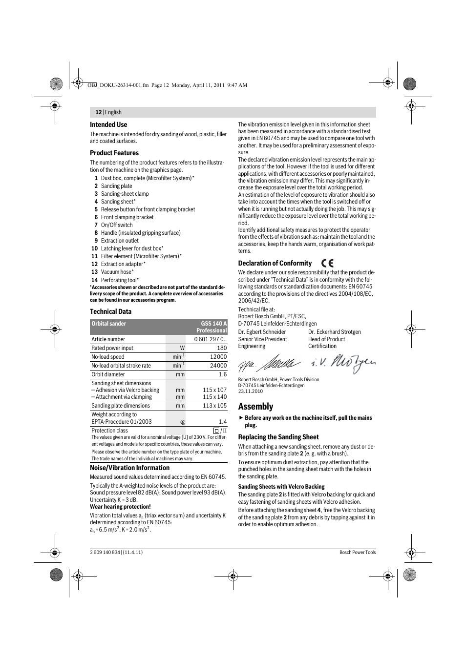 Assembly | Bosch GSS 140 A Professional User Manual | Page 12 / 132