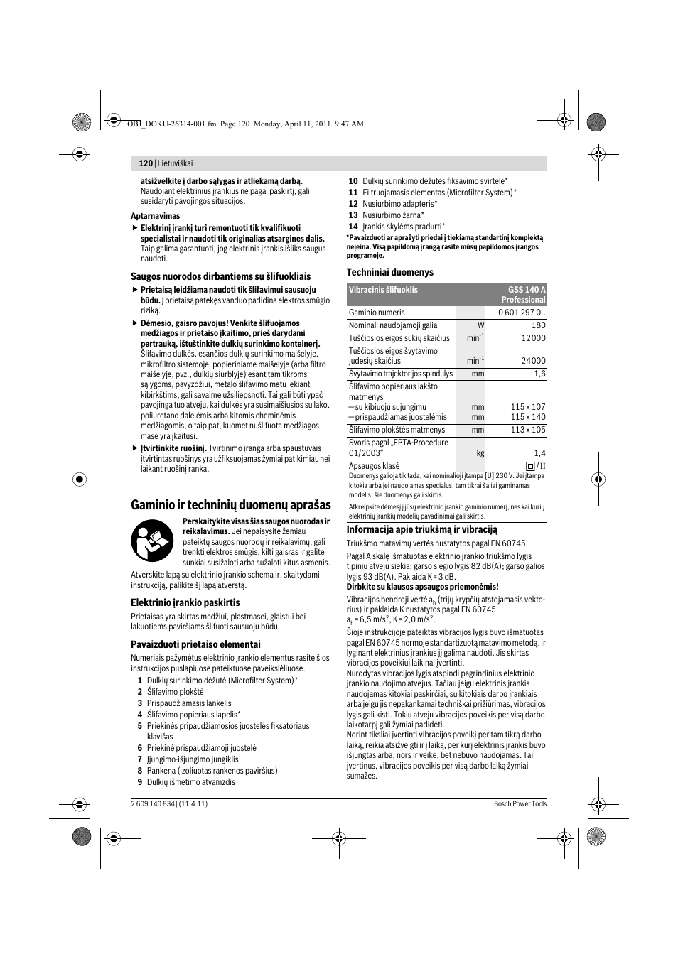 Gaminio ir techninių duomenų aprašas | Bosch GSS 140 A Professional User Manual | Page 120 / 132