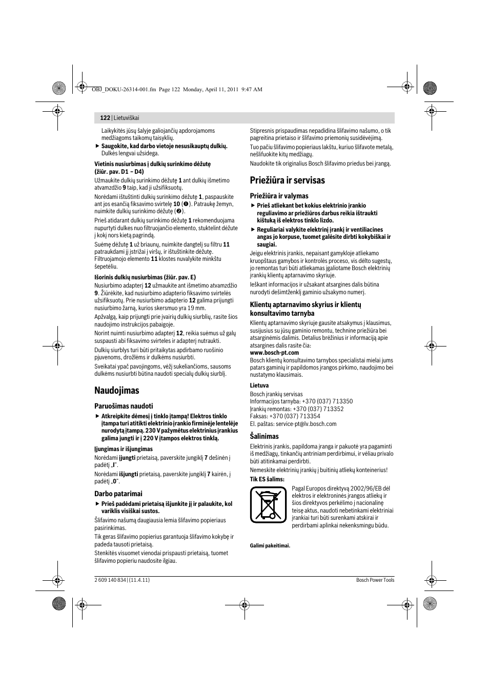 Naudojimas, Priežiūra ir servisas | Bosch GSS 140 A Professional User Manual | Page 122 / 132