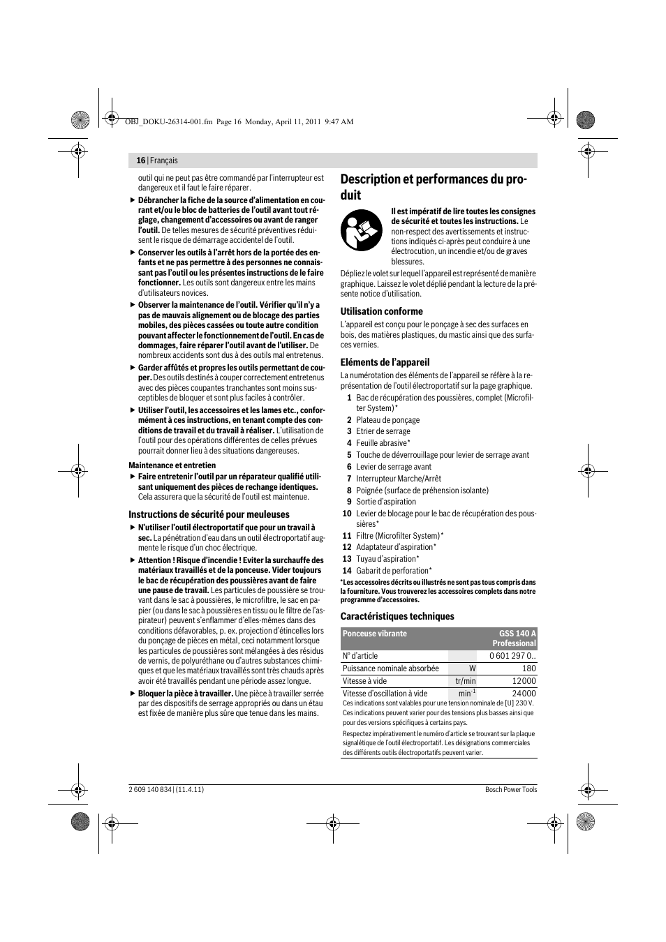 Description et performances du pro- duit | Bosch GSS 140 A Professional User Manual | Page 16 / 132