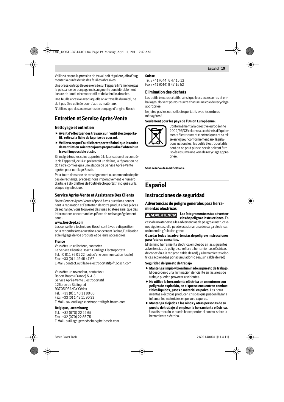 Español, Entretien et service après-vente, Instrucciones de seguridad | Bosch GSS 140 A Professional User Manual | Page 19 / 132