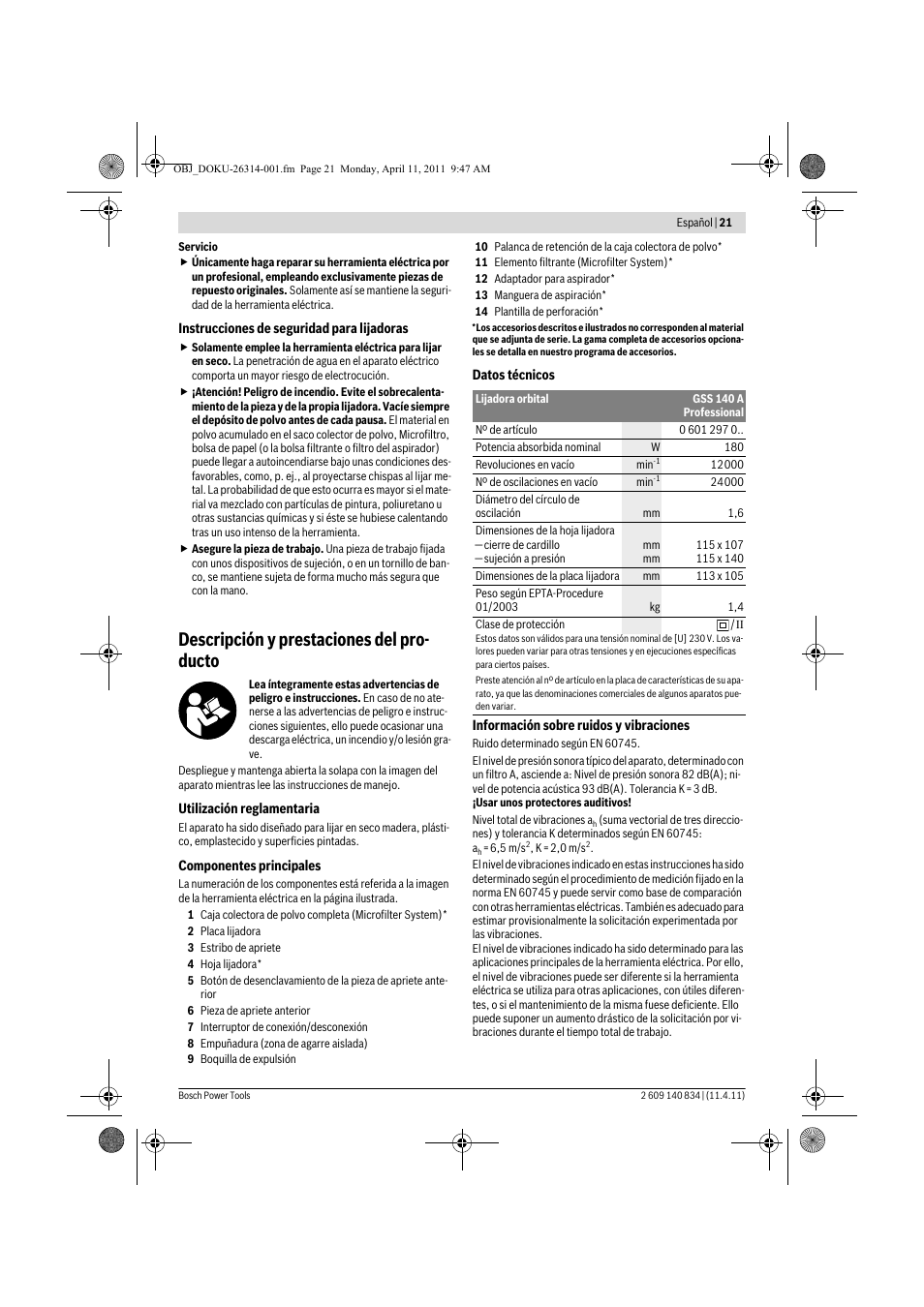 Descripción y prestaciones del pro- ducto | Bosch GSS 140 A Professional User Manual | Page 21 / 132