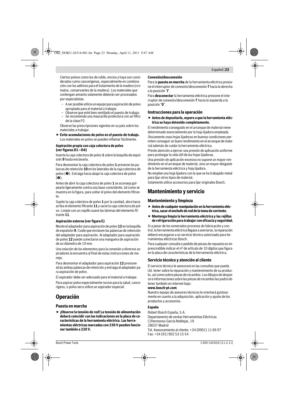 Operación, Mantenimiento y servicio | Bosch GSS 140 A Professional User Manual | Page 23 / 132