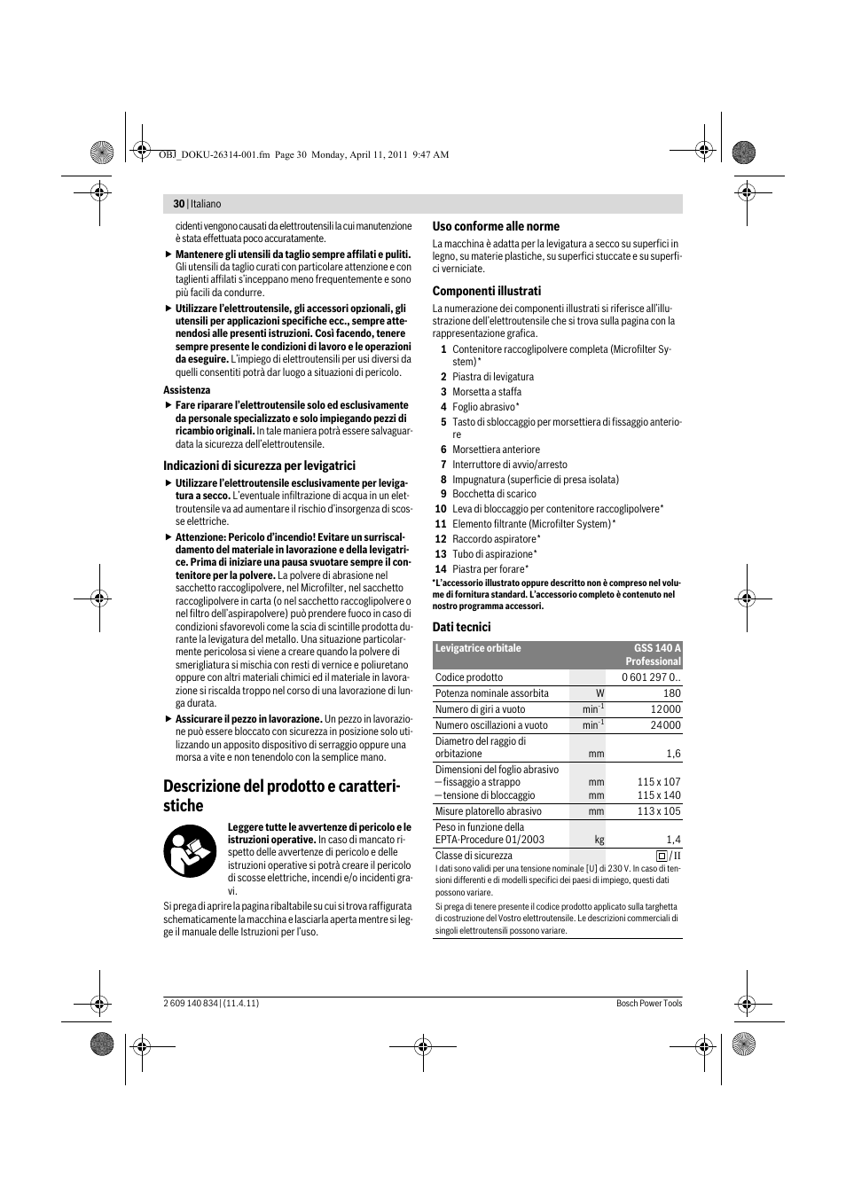 Descrizione del prodotto e caratteri- stiche | Bosch GSS 140 A Professional User Manual | Page 30 / 132