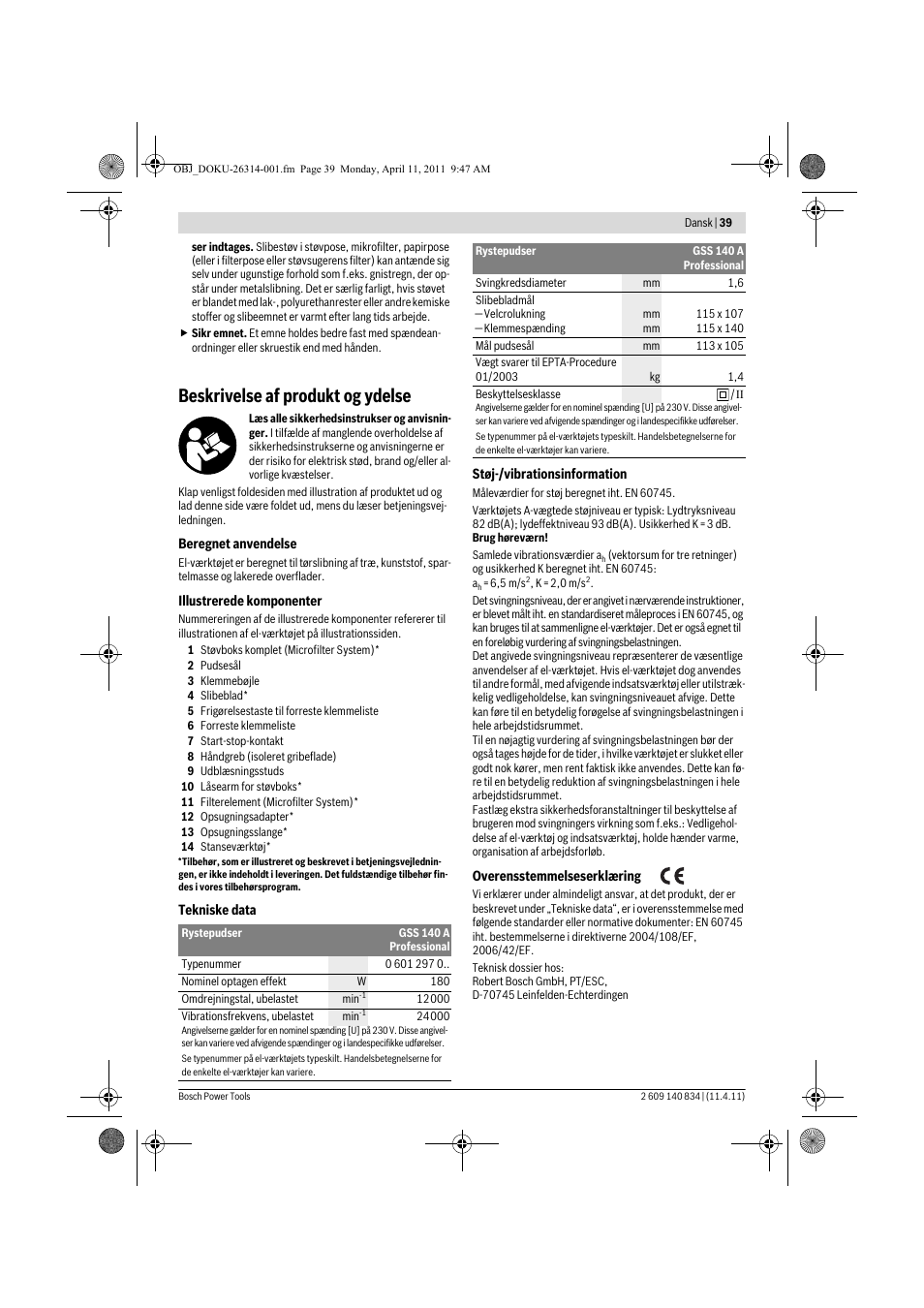 Beskrivelse af produkt og ydelse | Bosch GSS 140 A Professional User Manual | Page 39 / 132