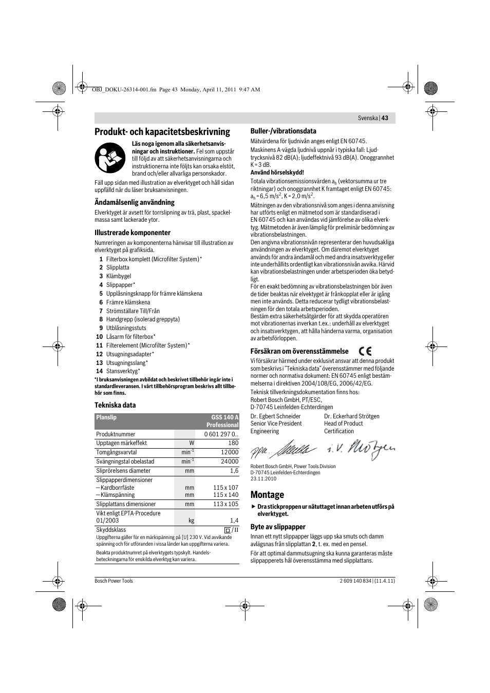 Produkt- och kapacitetsbeskrivning, Montage | Bosch GSS 140 A Professional User Manual | Page 43 / 132