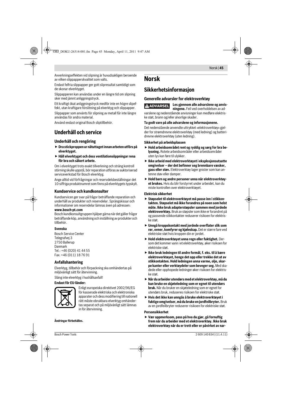 Norsk, Underhåll och service, Sikkerhetsinformasjon | Bosch GSS 140 A Professional User Manual | Page 45 / 132