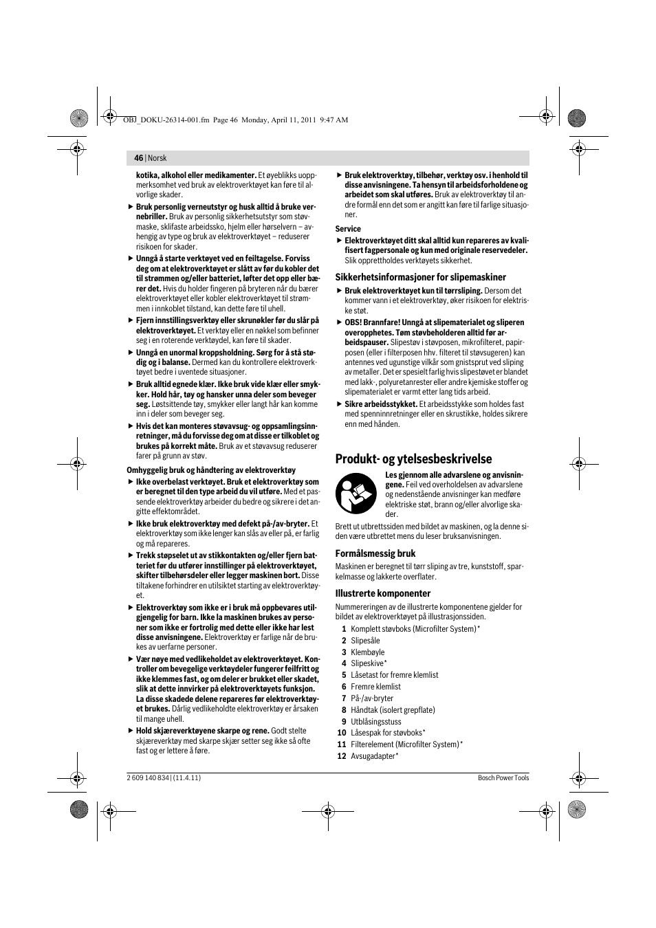 Produkt- og ytelsesbeskrivelse | Bosch GSS 140 A Professional User Manual | Page 46 / 132