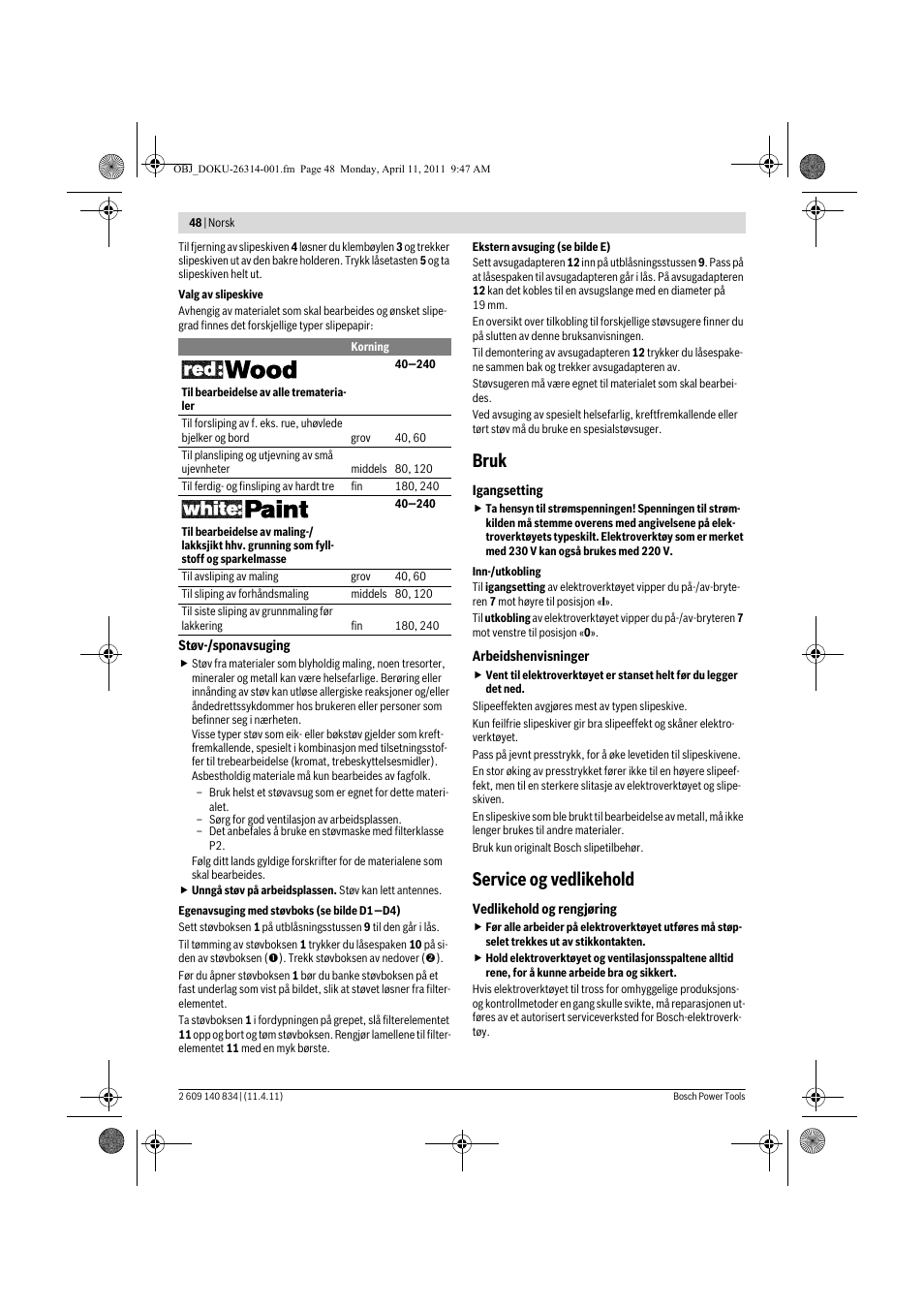 Bruk, Service og vedlikehold | Bosch GSS 140 A Professional User Manual | Page 48 / 132