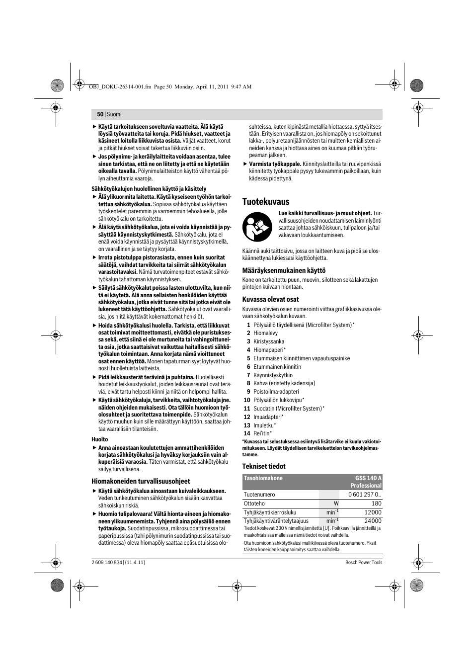 Tuotekuvaus | Bosch GSS 140 A Professional User Manual | Page 50 / 132