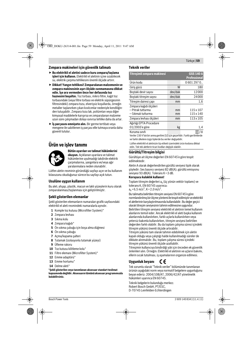 Ürün ve işlev tan m | Bosch GSS 140 A Professional User Manual | Page 59 / 132