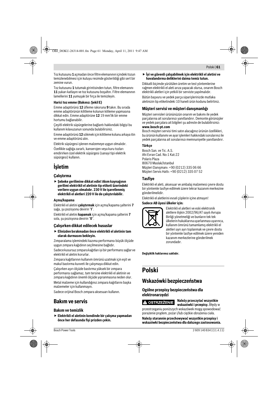 Polski, Işletim, Bak m ve servis | Wskazówki bezpieczeństwa | Bosch GSS 140 A Professional User Manual | Page 61 / 132