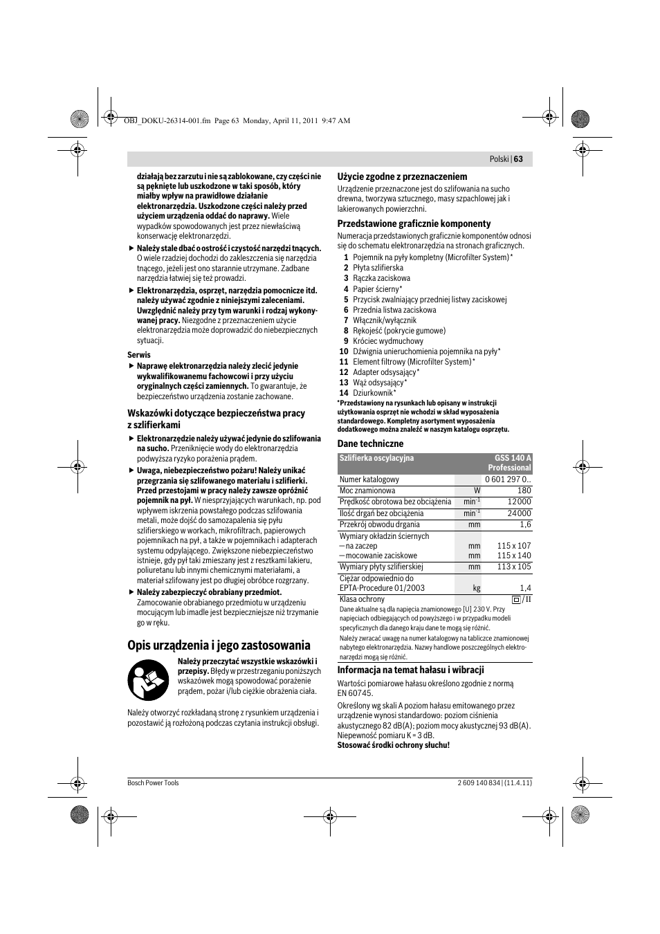 Opis urządzenia i jego zastosowania | Bosch GSS 140 A Professional User Manual | Page 63 / 132