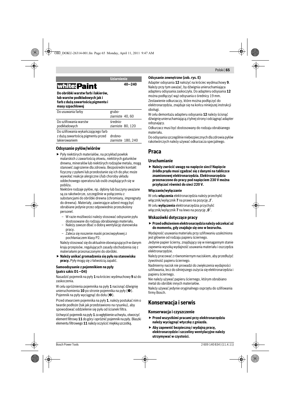 Praca, Konserwacja i serwis | Bosch GSS 140 A Professional User Manual | Page 65 / 132