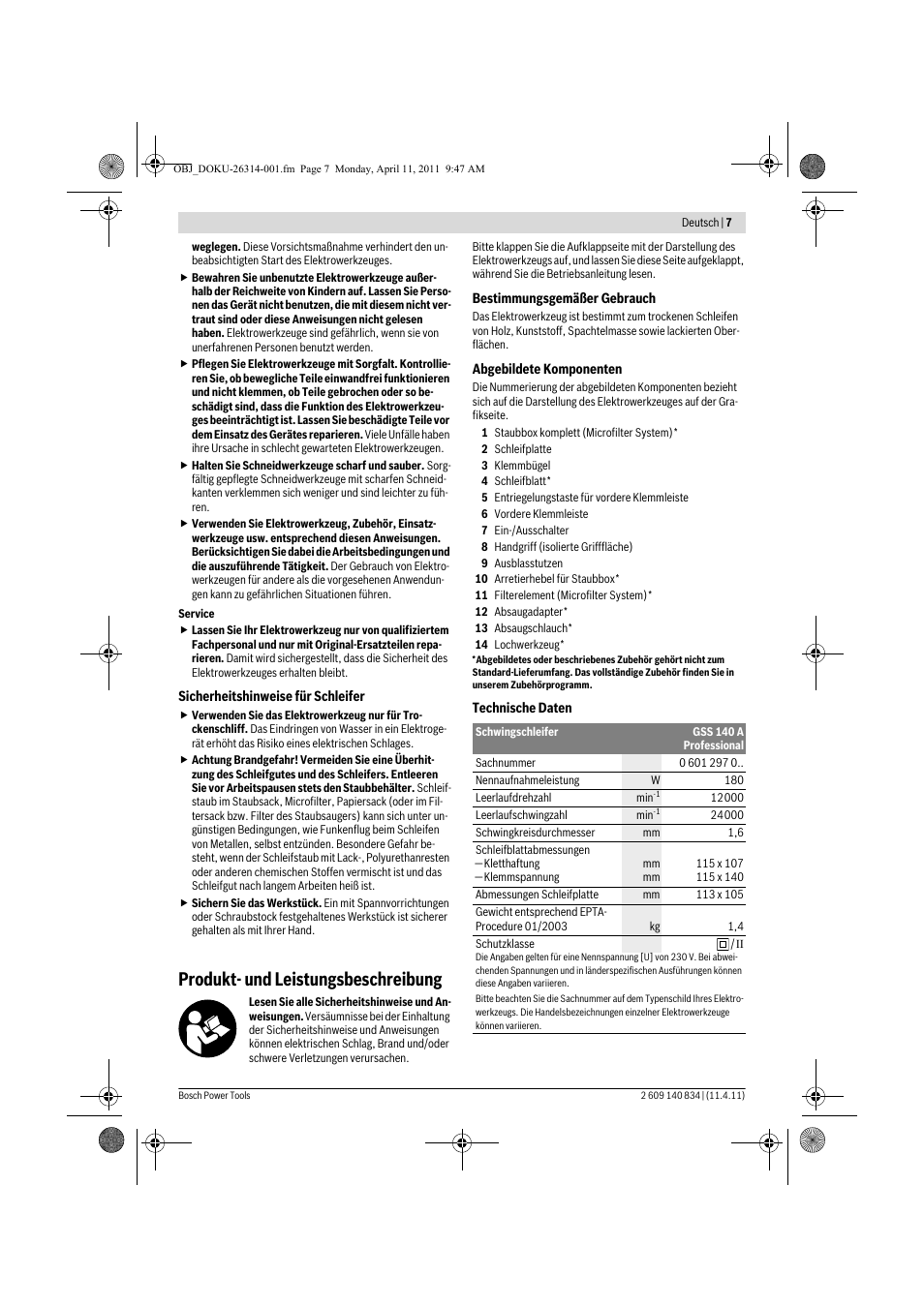 Produkt- und leistungsbeschreibung | Bosch GSS 140 A Professional User Manual | Page 7 / 132