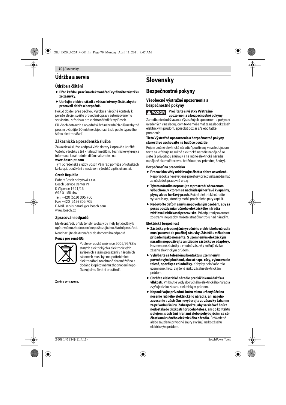 Slovensky, Údržba a servis, Bezpečnostné pokyny | Bosch GSS 140 A Professional User Manual | Page 70 / 132