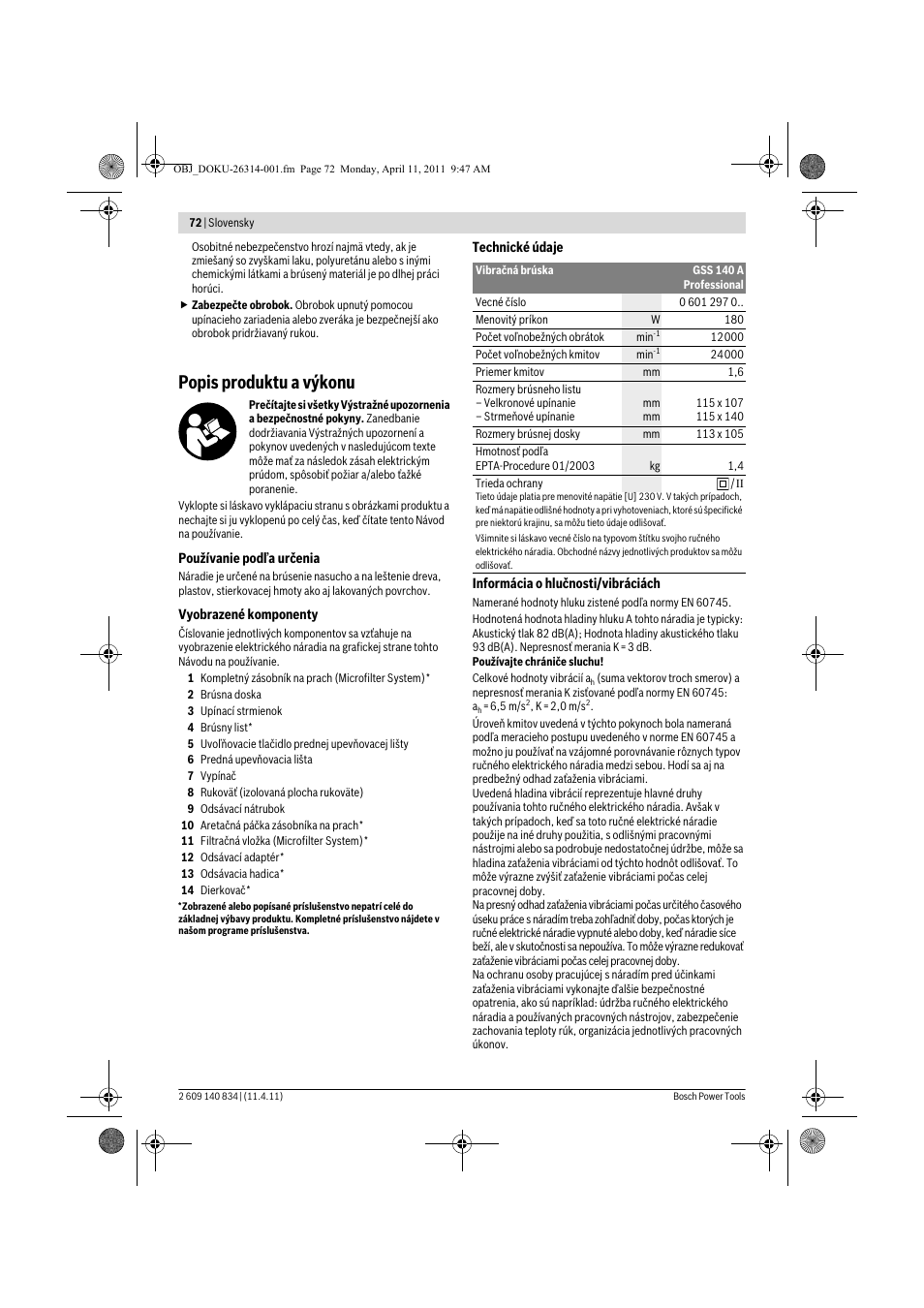 Popis produktu a výkonu | Bosch GSS 140 A Professional User Manual | Page 72 / 132