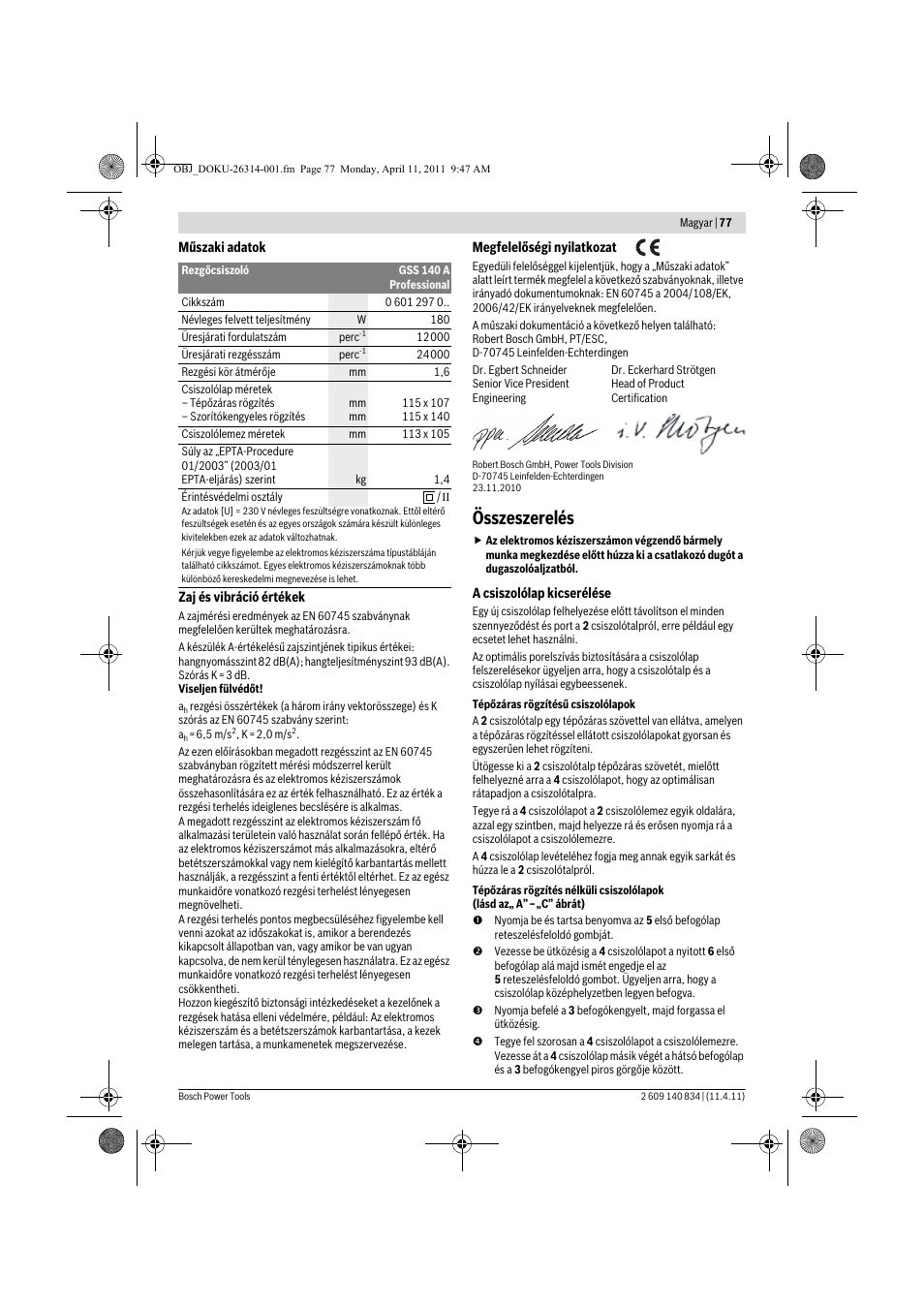 Összeszerelés | Bosch GSS 140 A Professional User Manual | Page 77 / 132