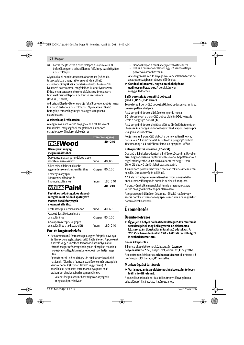 Üzemeltetés | Bosch GSS 140 A Professional User Manual | Page 78 / 132