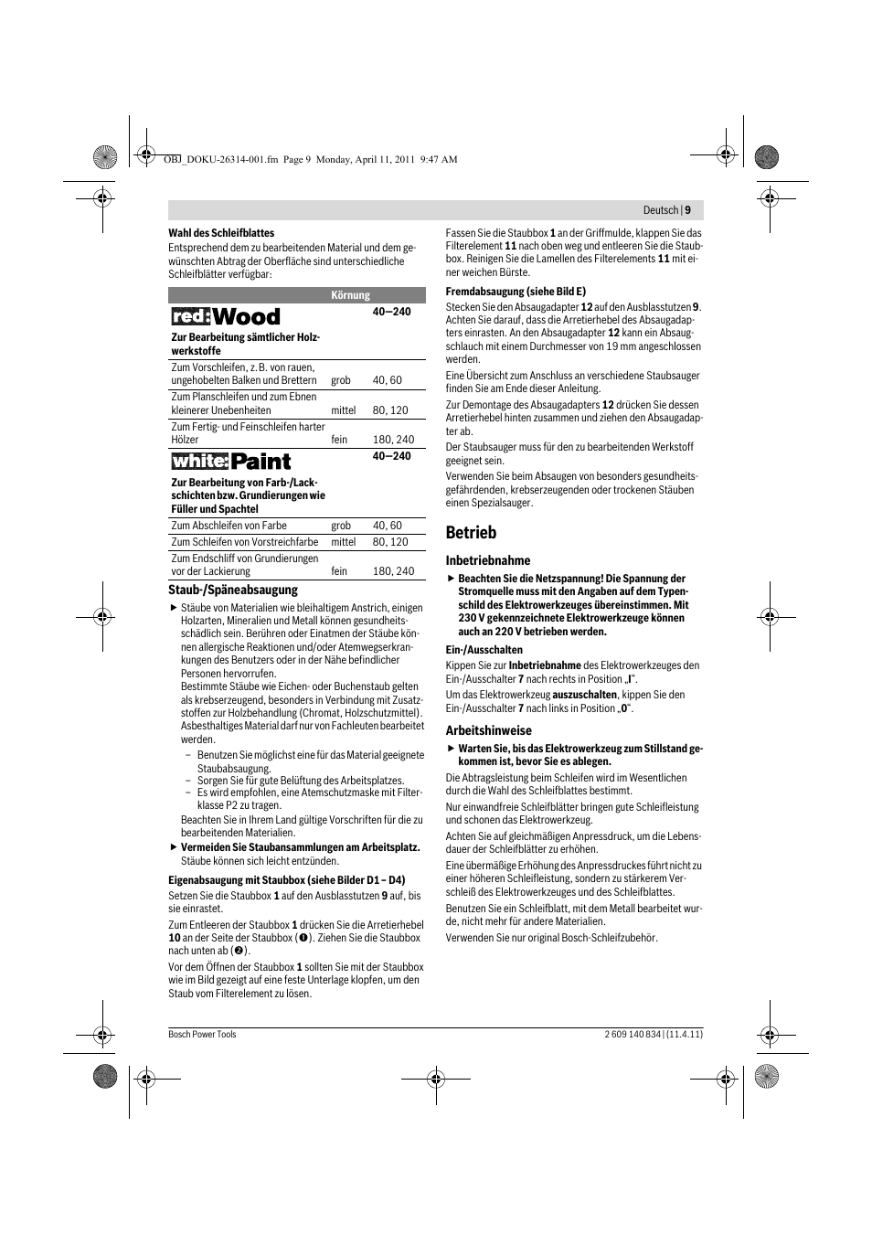 Betrieb | Bosch GSS 140 A Professional User Manual | Page 9 / 132