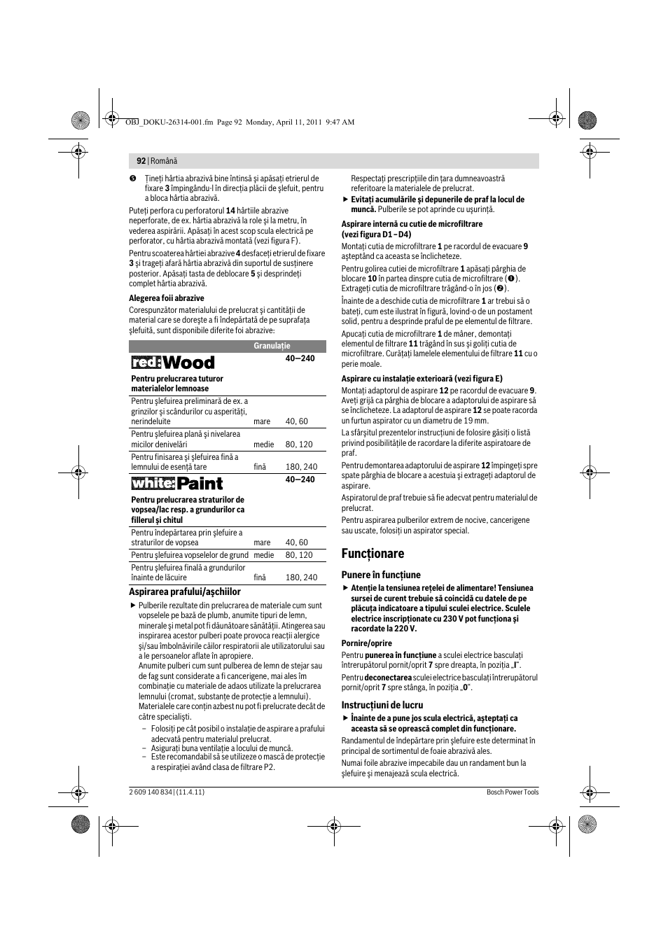 Funcţionare | Bosch GSS 140 A Professional User Manual | Page 92 / 132
