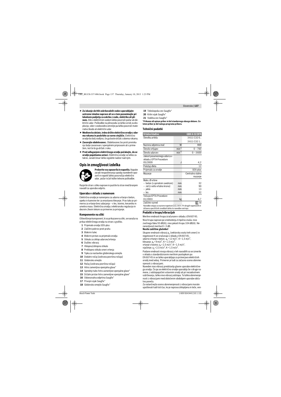 Opis in zmogljivost izdelka | Bosch GBH 4-32 DFR Professional User Manual | Page 137 / 177