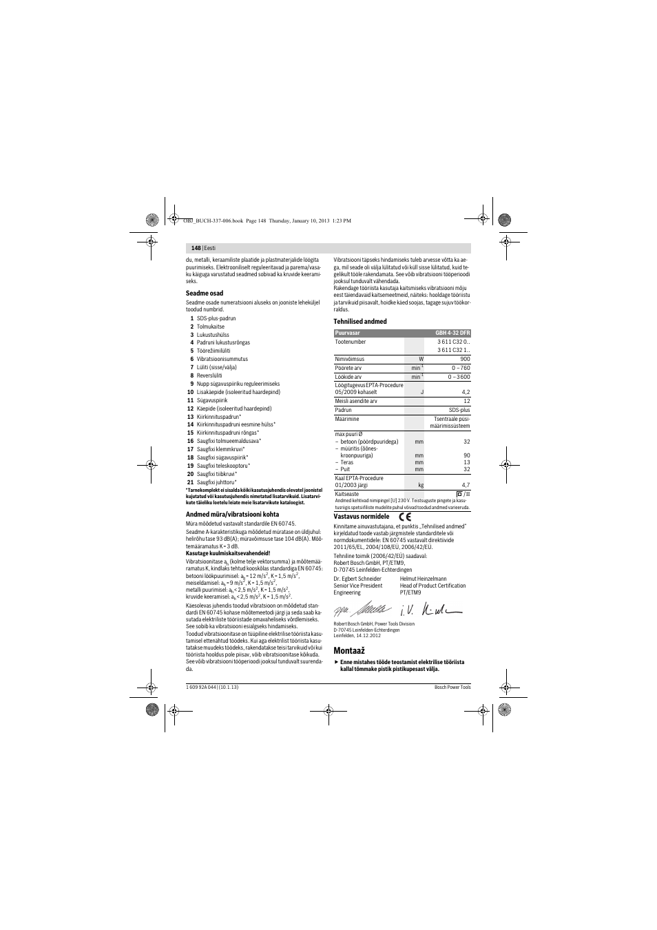 Montaaž | Bosch GBH 4-32 DFR Professional User Manual | Page 148 / 177